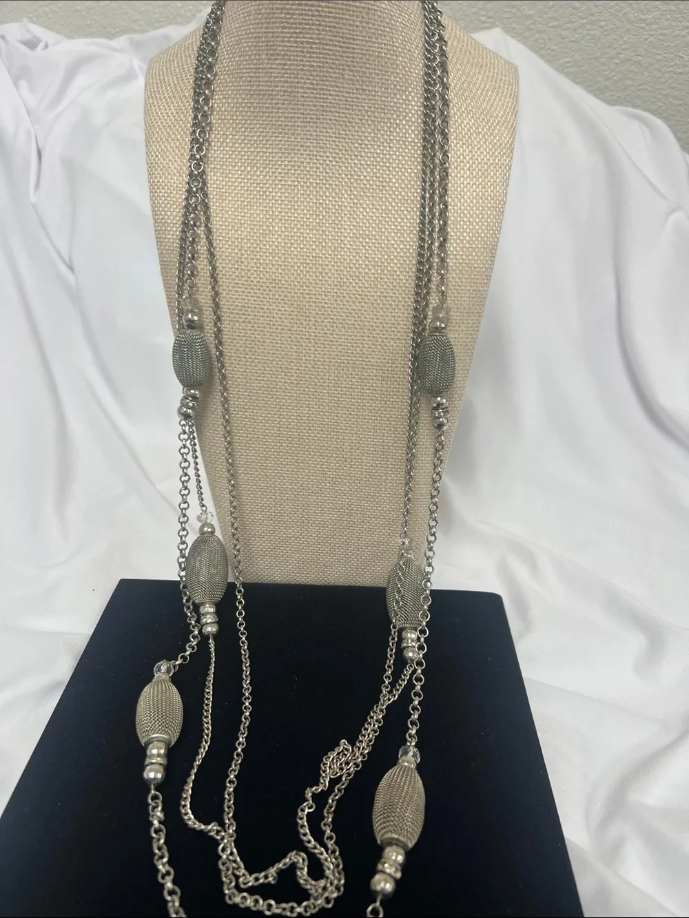 Silver Multi-Strand Beaded Long Necklace - Women Jewelry